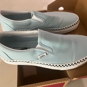 Vans Sky Blue Slip-On Shoes with Checkered Sole